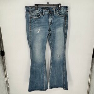 Silver Jeans Frances Flare Medium Wash Distressed Denim Blue Jeans Womens 16